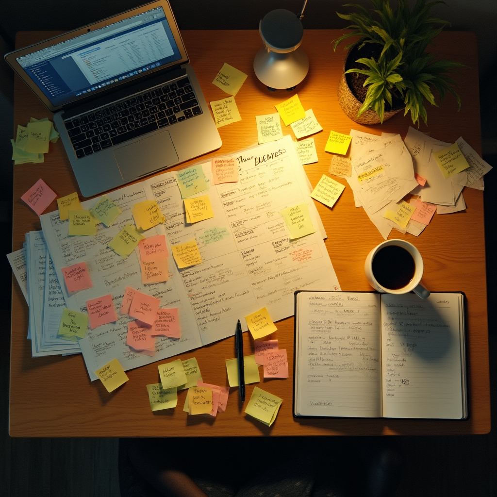 Cluttered freelance workspace with sticky notes and overlapping project timelines showing disorganized client management