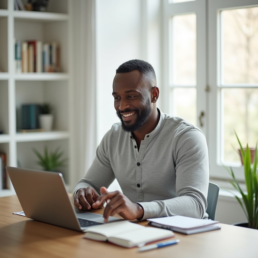 Freelancer in a confident video call with a client, setting clear project expectations in a bright modern home office