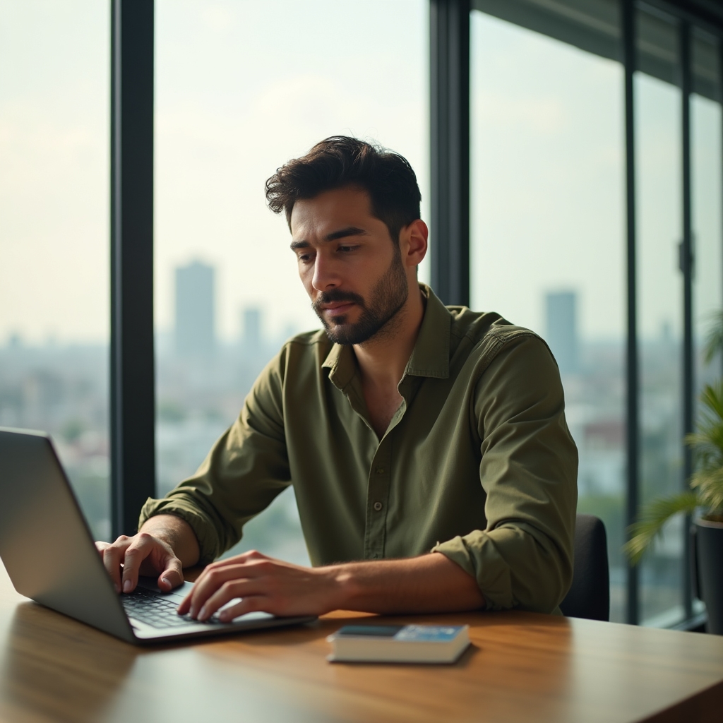 Focused freelancer working productively at a clean desk with a single laptop, calm expression, organized workspace in warm light