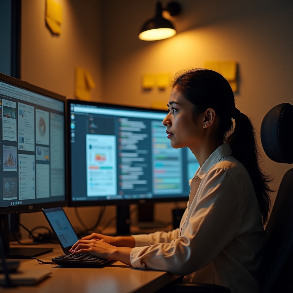 Freelancer surrounded by multiple client projects feeling overwhelmed at a modern desk