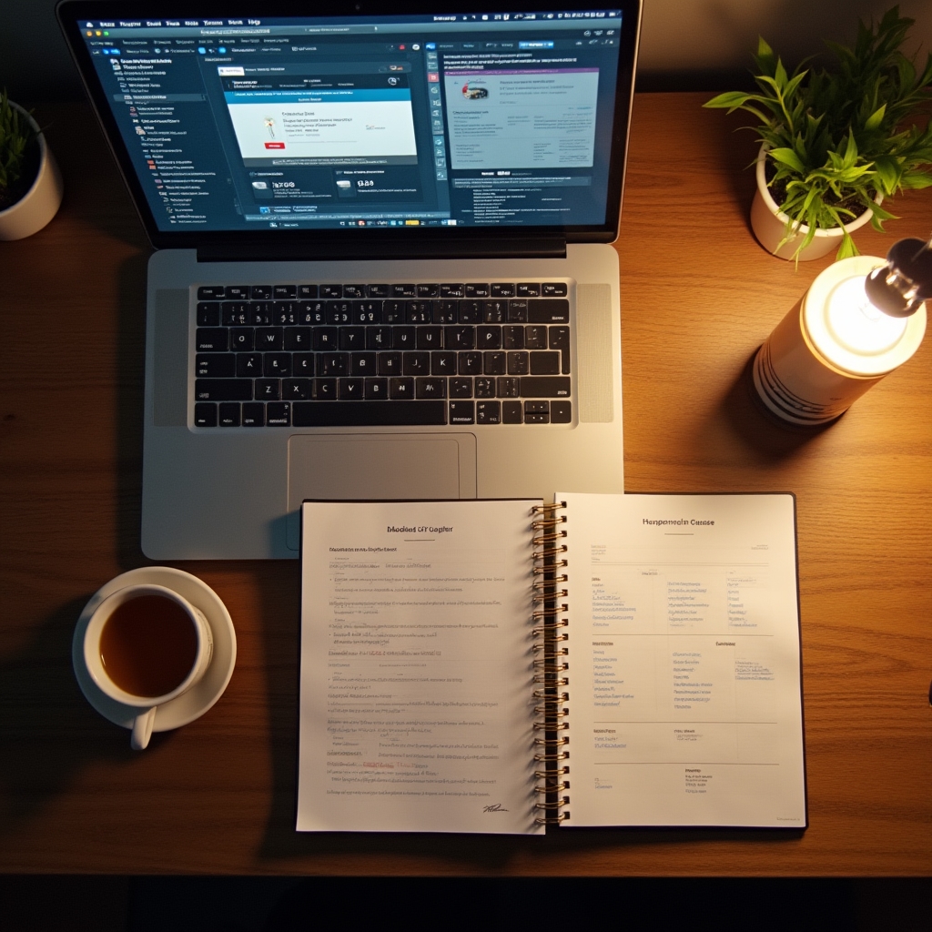 Overhead view of a well-organized freelancer workspace with course materials, a laptop, and clean planning notebooks on a wooden desk