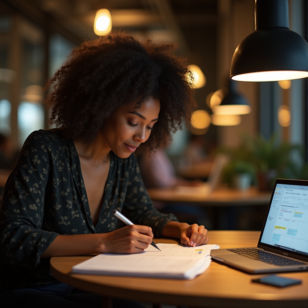 Freelancer conducting a focused weekly planning session with a notebook and laptop in a modern coworking space, warm ambient lighting